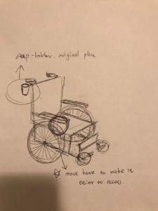 Wheelchair Design for Cynthia that has a cup holder on the arm of the wheelchair