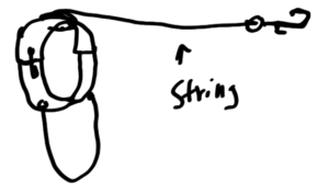 prototype drawing of wrist clamp and string with a hook to help open doors easily.