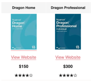 A screenshot of two types of Dragon software with the prices and ratings in stars listed underneath. From left to right is Dragon Home listed as $150 and a four-star rating and Dragon Professional listed as $300 and a four-star rating.