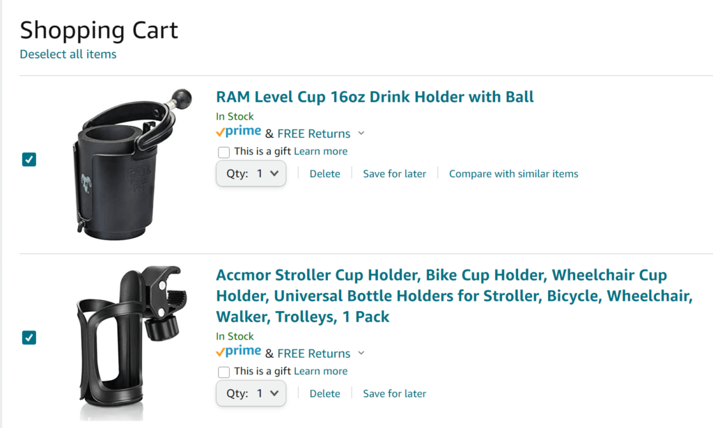 Two cupholders available in amazon- one with clamp and one with flexible mounting 