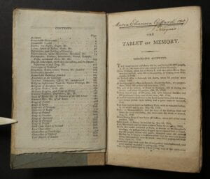 Table of contents and first page of text, with ownership inscription.