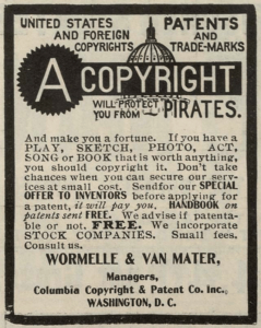 Advertisement for copyright and patent preparation services from 1906. Public domain.