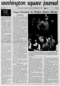 Issue of the Washington Square Journal depicting the Weinstein Dorm protests. The headline reads, "Gays Evicted as Police Enter Dorm."