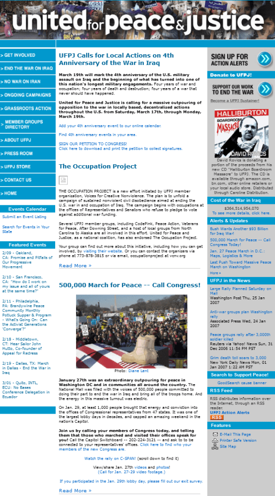 Screenshot of the homepage of the United for Peace and Justice website, capture in February 2007