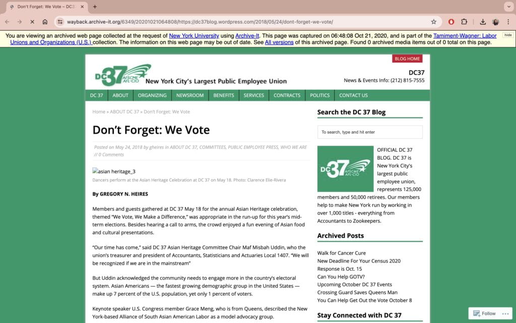 Screenshot of "Don't Forget, We Vote" article on the DC 37 blog, captured on 10/21/20