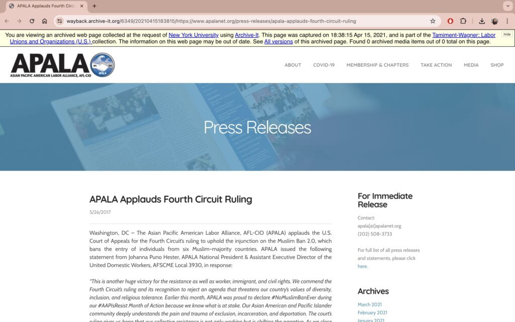 Screenshot of APALA Applauds Fourth Circuit Ruling press release, captured on 4/15/21