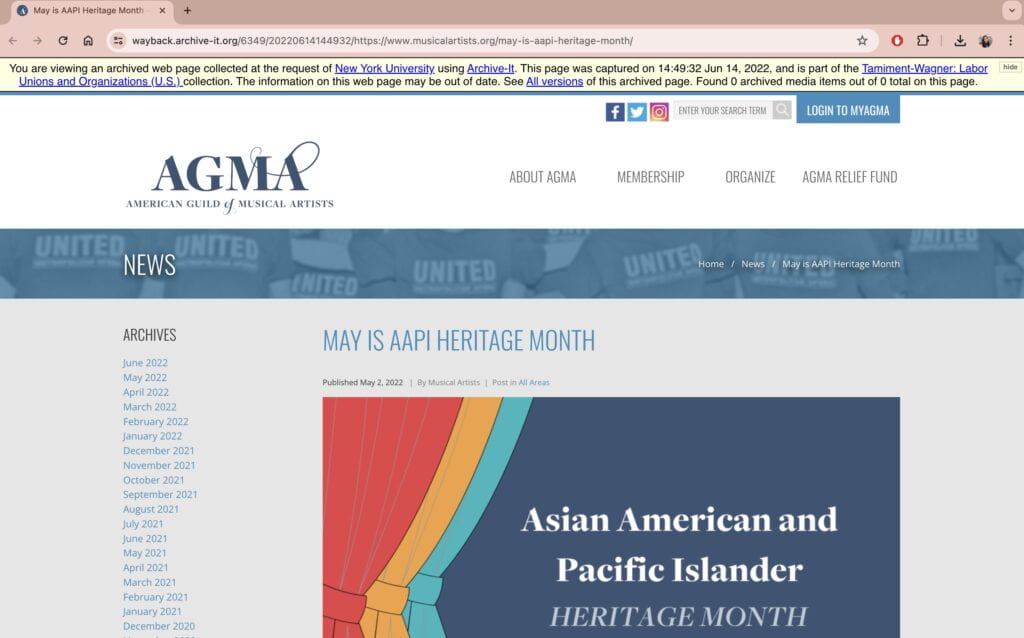 Screenshot of May is AAPI Heritage Month article on the AGMA website, captured on 6/14/22