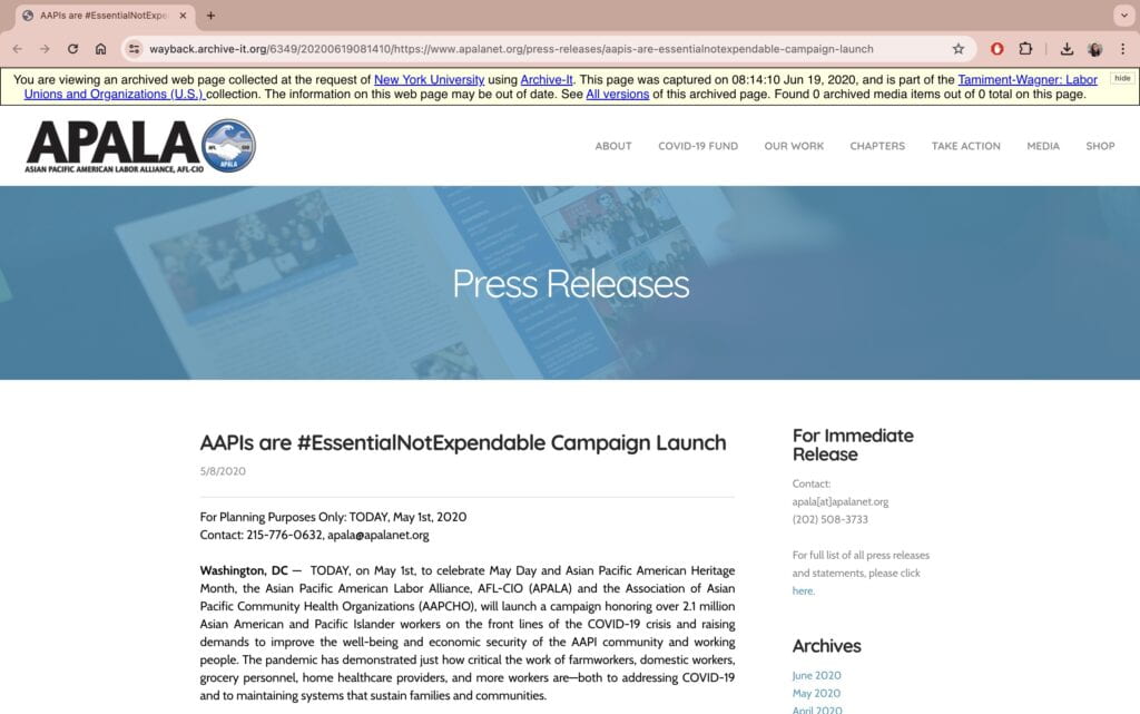 Screenshot of "AAPIs are #EssentialNot Expendable Campaign Launch" press release captured 6/19/2020