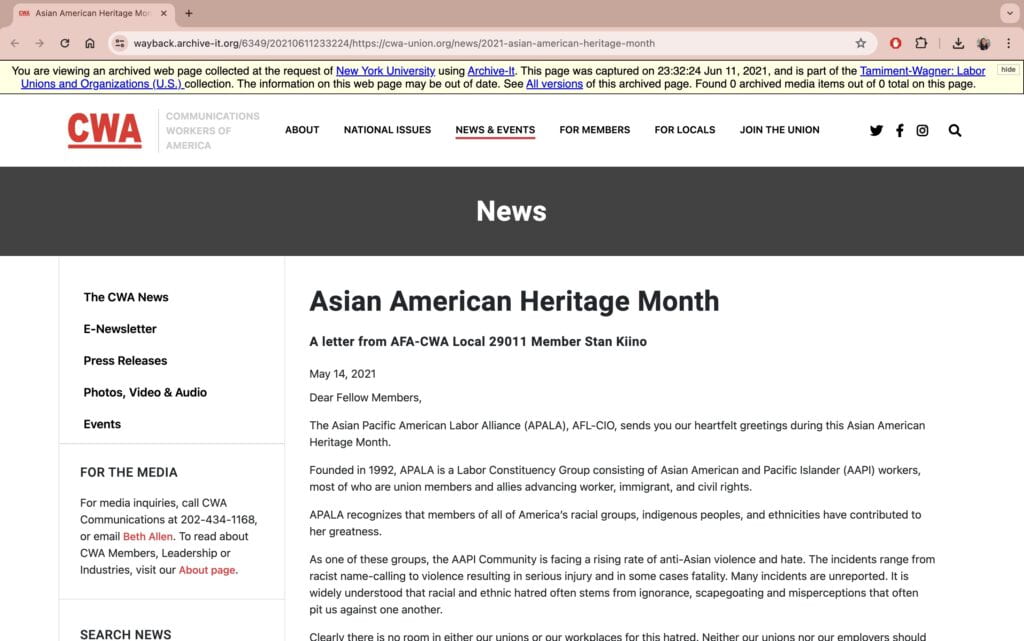 Screenshot of Asian American Heritage Month letter from AFA-CWA Local 29011 Member Stan Kiino captured on 6/11/21