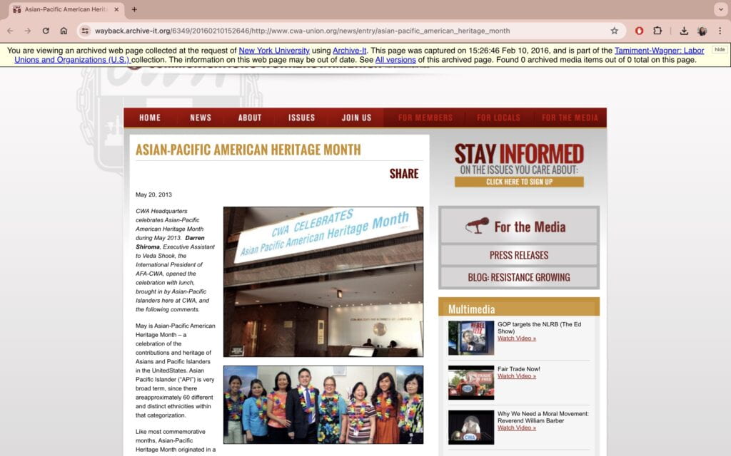 Screenshot of Asian-Pacific American Heritage Month celebration article at CWA-Union captured on 2/10/16