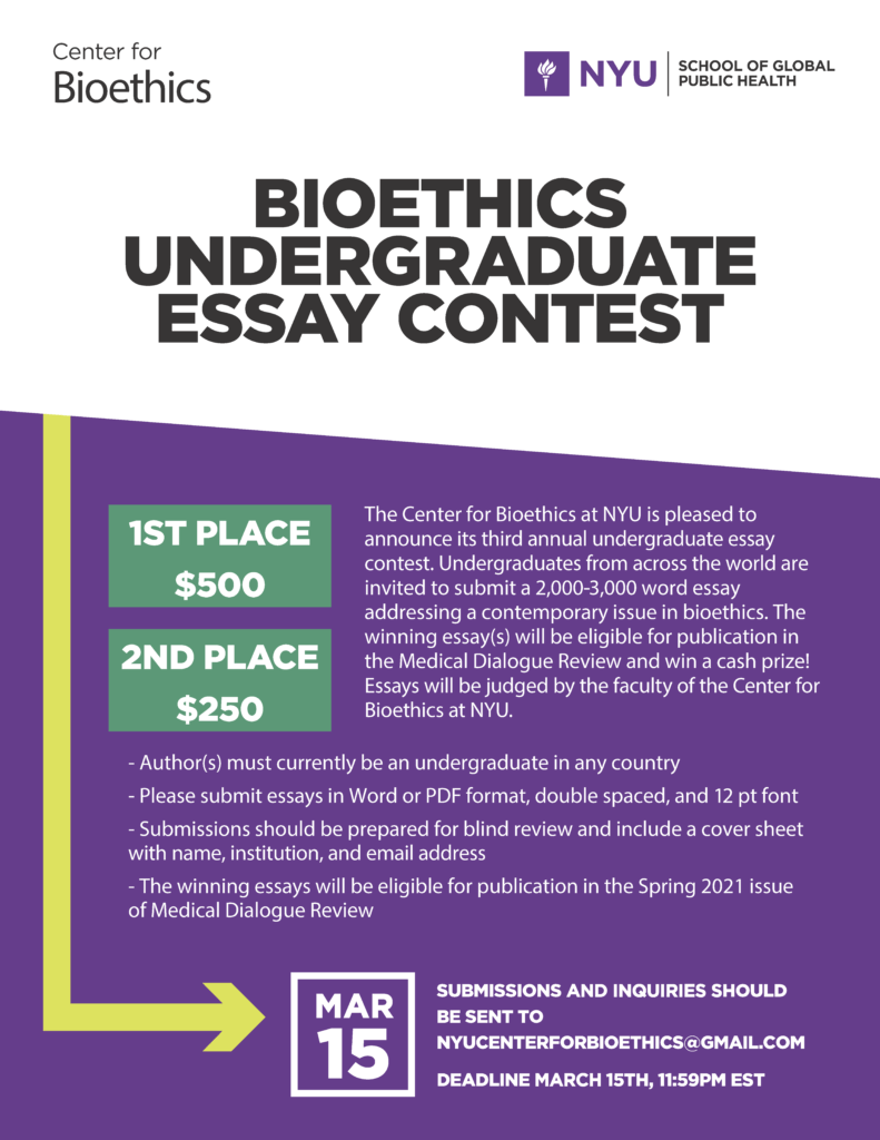 Flyer announcing undergraduate essay contest with $500 first place cash prize and $250 second place prize.