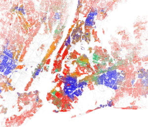 Map of New York City with different colored dots representing the different racial group residents