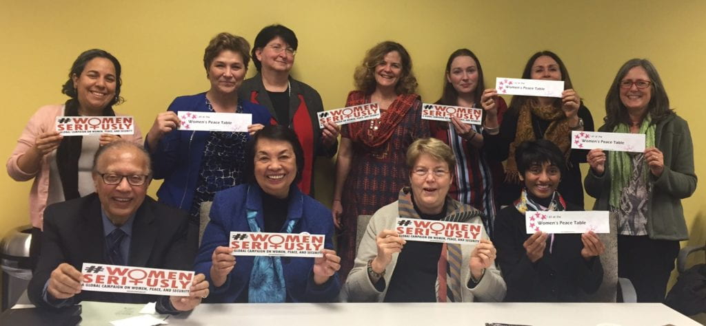 Left to right, back row first: Janine Moussa, Karin Ryan, Carol Cohn, Anne Marie Goetz, Maria Butler, Sarah Costa, Susan Benton Hartley, Anwarul Chowdhury, Irene Santiago, Charlotte Bunch, Manisha Javeri. Not pictured: Andrea O Sulleabhain, Hsin-Hui Hsu