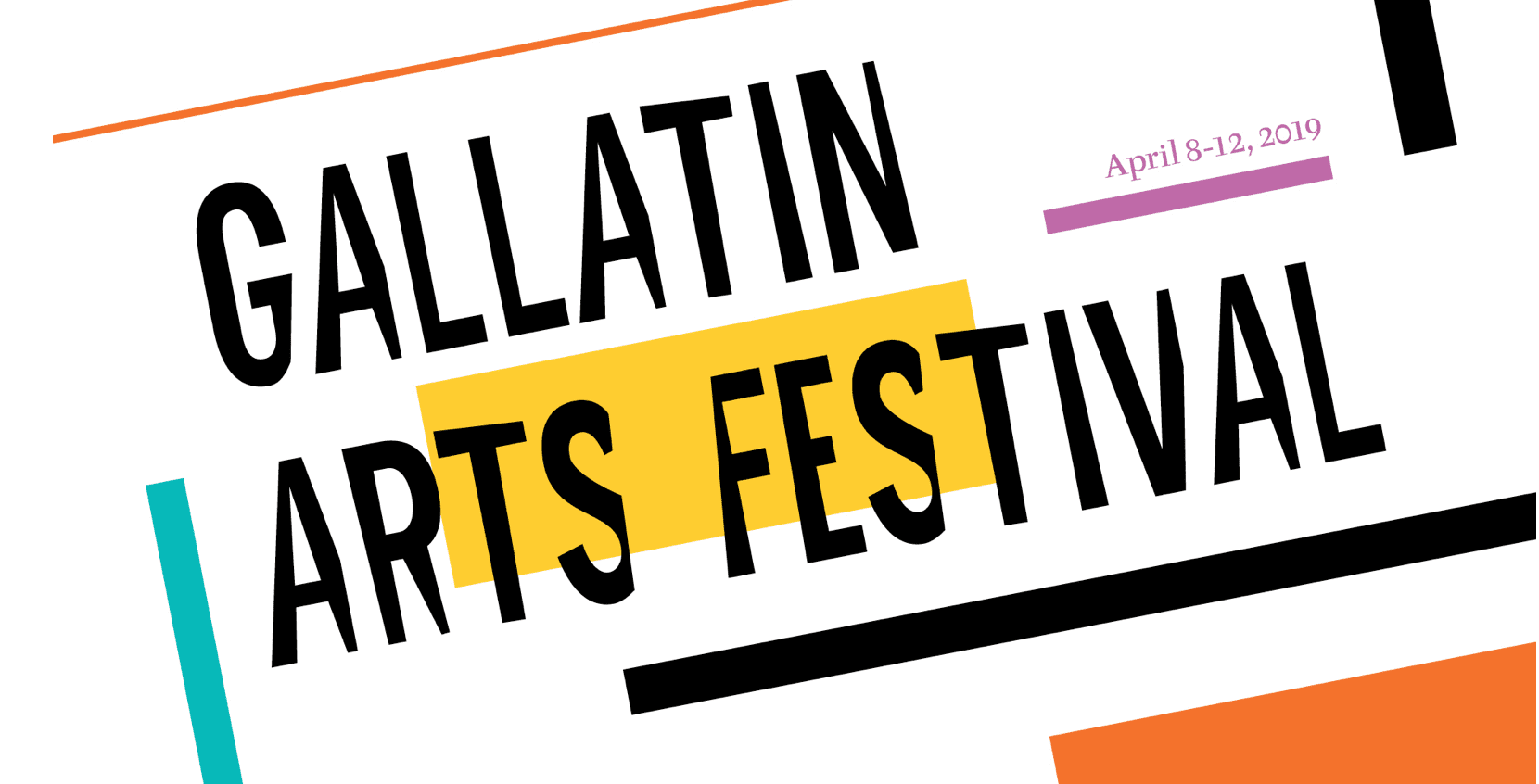 A white background with various colored graphic boxes arranged on it, with "Gallatin Arts Festival" in black stylized font on top.