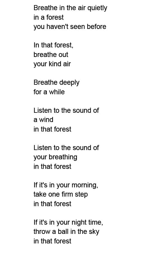 Breathe in the air quietly<br /> in a forest<br /> you haven't seen before<br /> In that forest,<br /> breathe out<br /> your kind air<br /> Breathe deeply<br /> for a while<br /> Listen to the sound of<br /> a wind<br /> in that forest<br /> Listen to the sound of<br /> your breathing<br /> in that forest<br /> If it's in your morning,<br /> take one firm step<br /> in that forest<br /> If it's in your night time,<br /> throw a ball in the sky<br /> in that forest