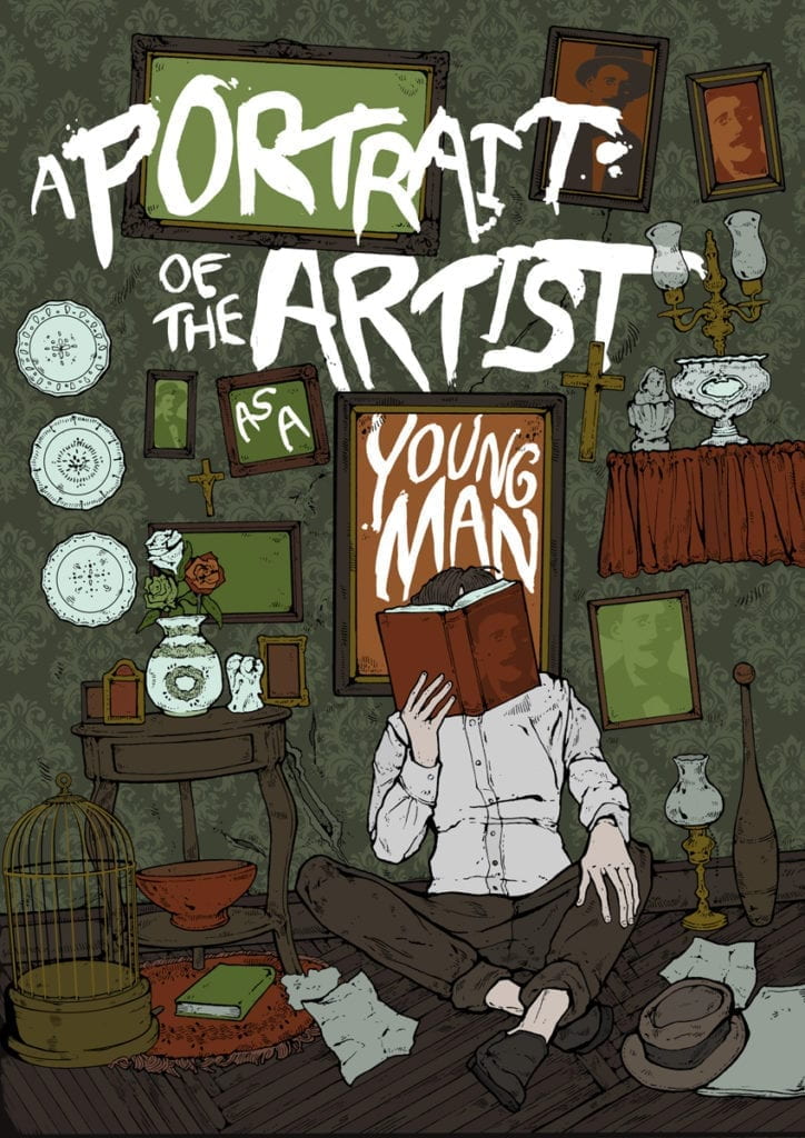 Drawing of a young man reading in a messy room with the title, "A Portrait of the Artist AS A Young Man."