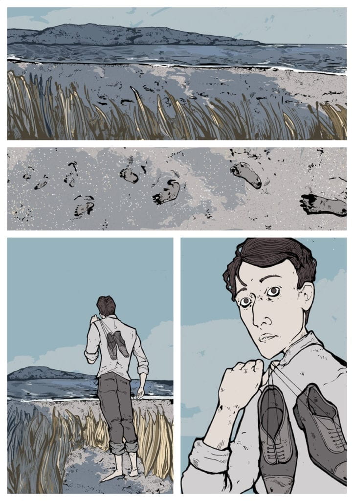 Four frames of a graphic novel: the empty beach, the sand, a man from the back looking at the beach, the man looking over his shoulder.