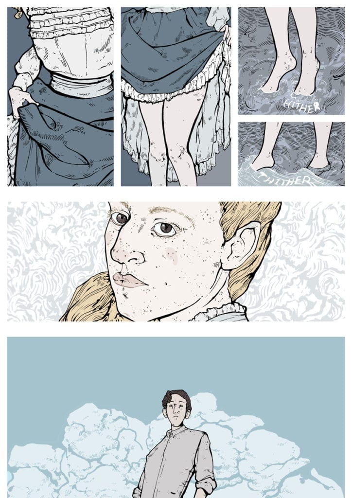 Six frames of a graphic novel: torso of a woman holding up her skirt to avoid the tide, the woman's legs beneath her skirt, her legs and feet in the water, her feet in the water, her face looking over her shoulder, a man in the distance looking toward her.