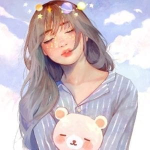 Drawing of a girl with a blue and white stripped shirt. Her eyes are closed and she is holding a stuffed teddy bear.