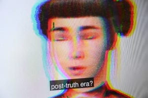 Deepfake image with text that reads: "post-truth era?"