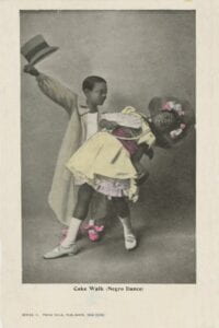 Tinted postcard of young boy and girl in dance pose, boy holding top hat, girl in dipped position.