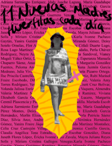 A figure decorated with gold surrounding her like the Virgin of Guadalupe and carrying accross stands before a pink background with names and the text "11 Nuevas Madres Huerfilas cada dia"