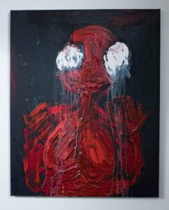 An intense, gestural red figure with large white eyeballs drips onto a black background