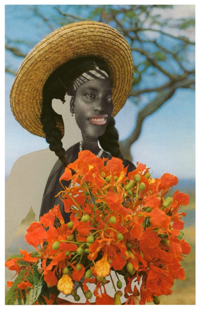 In this work, Joiri Minaya edits an image of a woman in a commercial postcard from the Dominican Republic with textile patterns that are deemed “tropical” in popular culture.