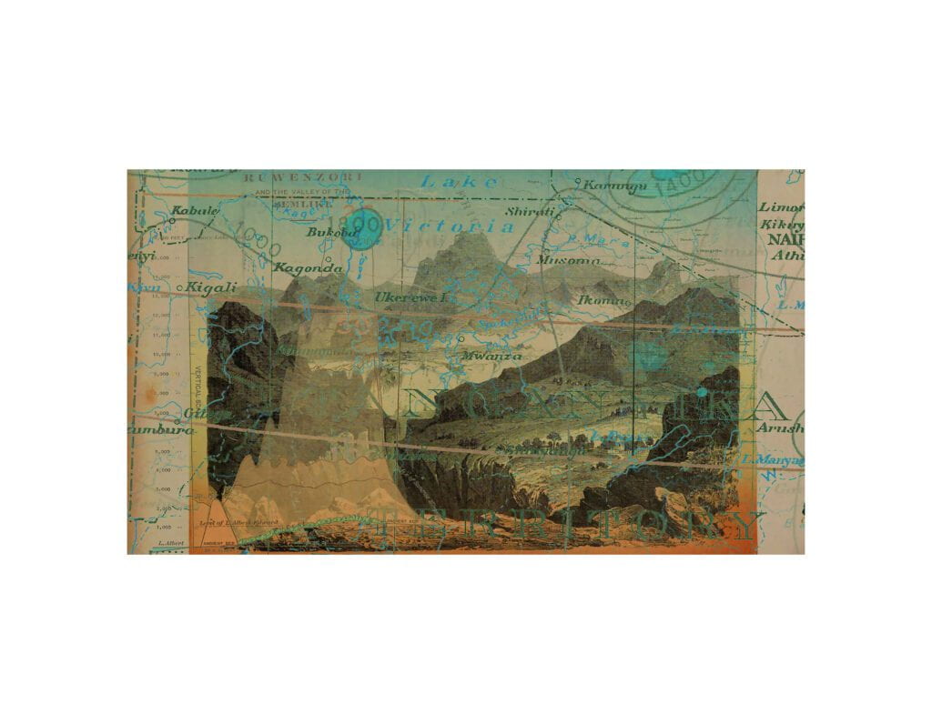 Postcard with highly layered image creating an abstract, colorful composition. photographic prints by Singh Soin superimpose contemporary images of the Nile with those from the Burton archives, including drawings, watercolors, and contour maps.