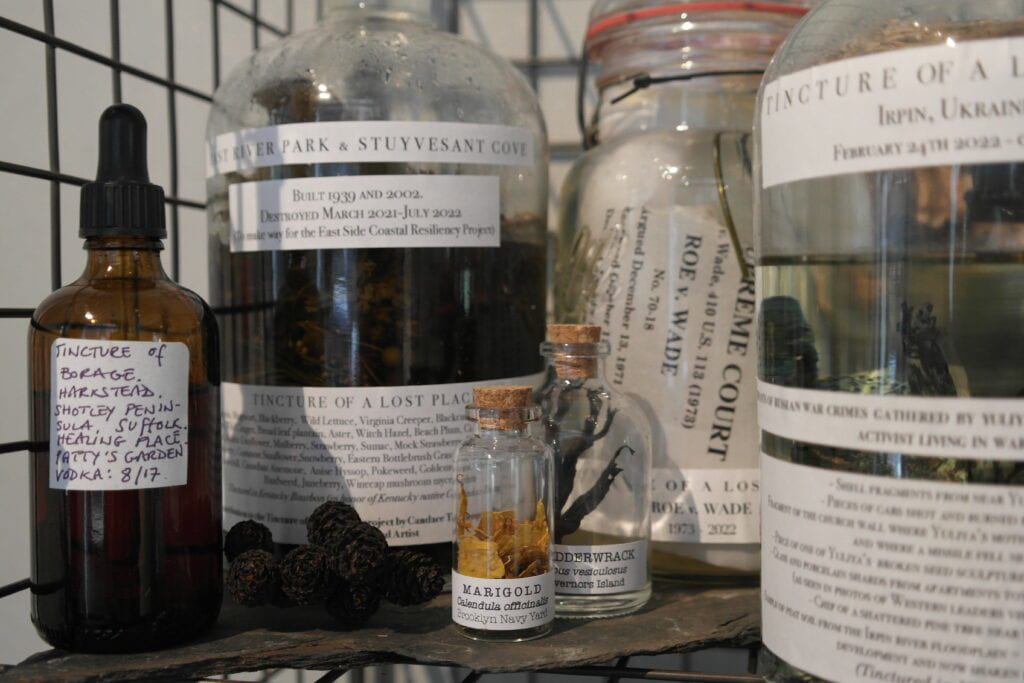 Close up of Tessa Grundon's Library of Lost Places and Tinctures of Lost Places. Bottles include Roe v. Wade, Governor's Island, and Irpin, Ukraine.