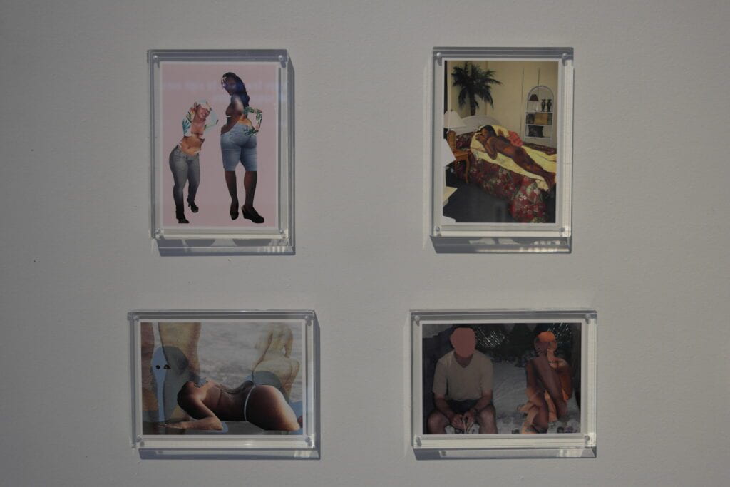 Four postcards from Joiri Minaya's Postcard Series hanging on Gallery wall 