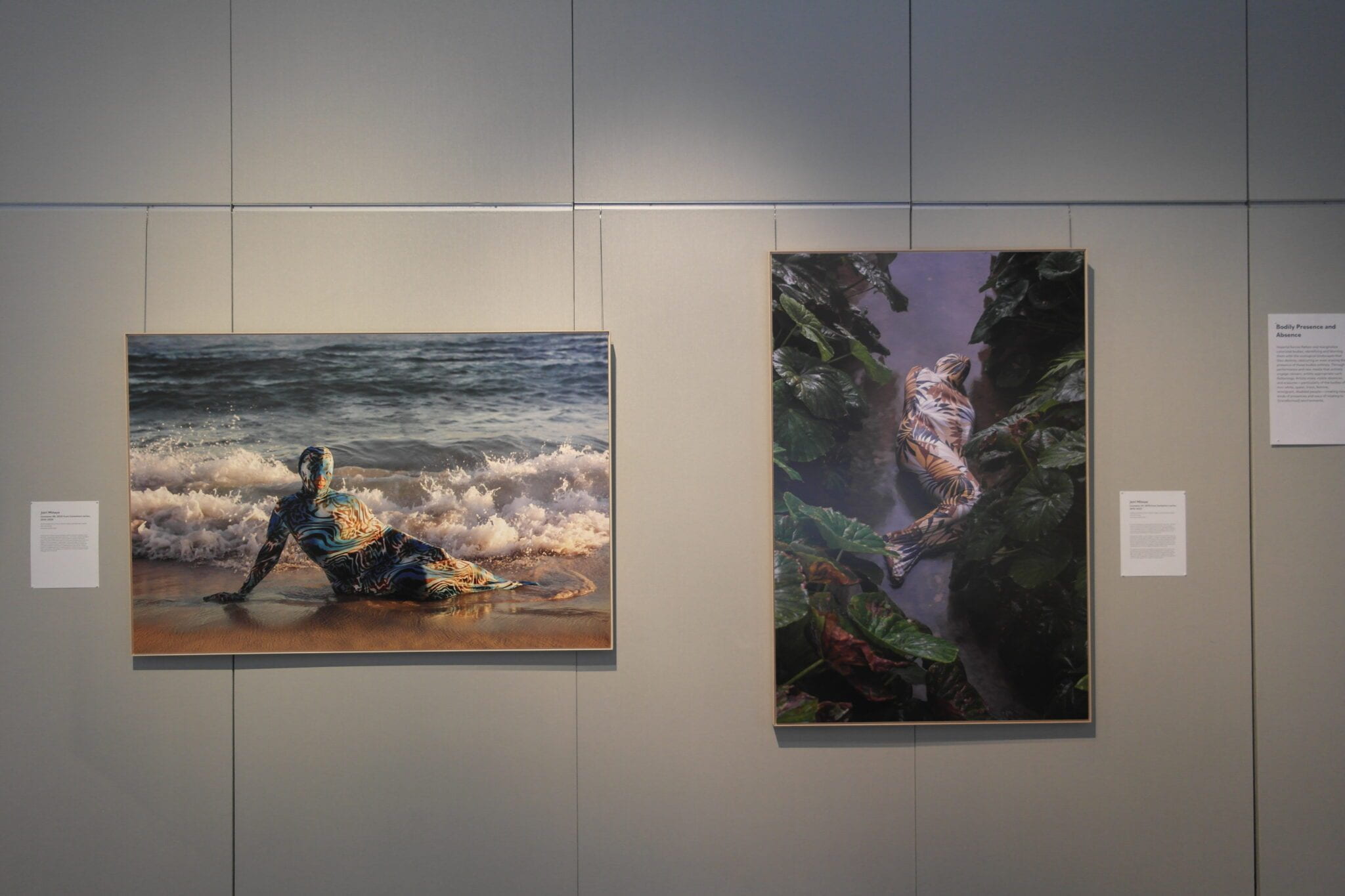 Gallery view with works by Joiri Minaya (left to right): Container #6 (2020) and Container #1 (2015), archival pigment prints on Epson Legacy photography paper, 40 x 60 inches. 