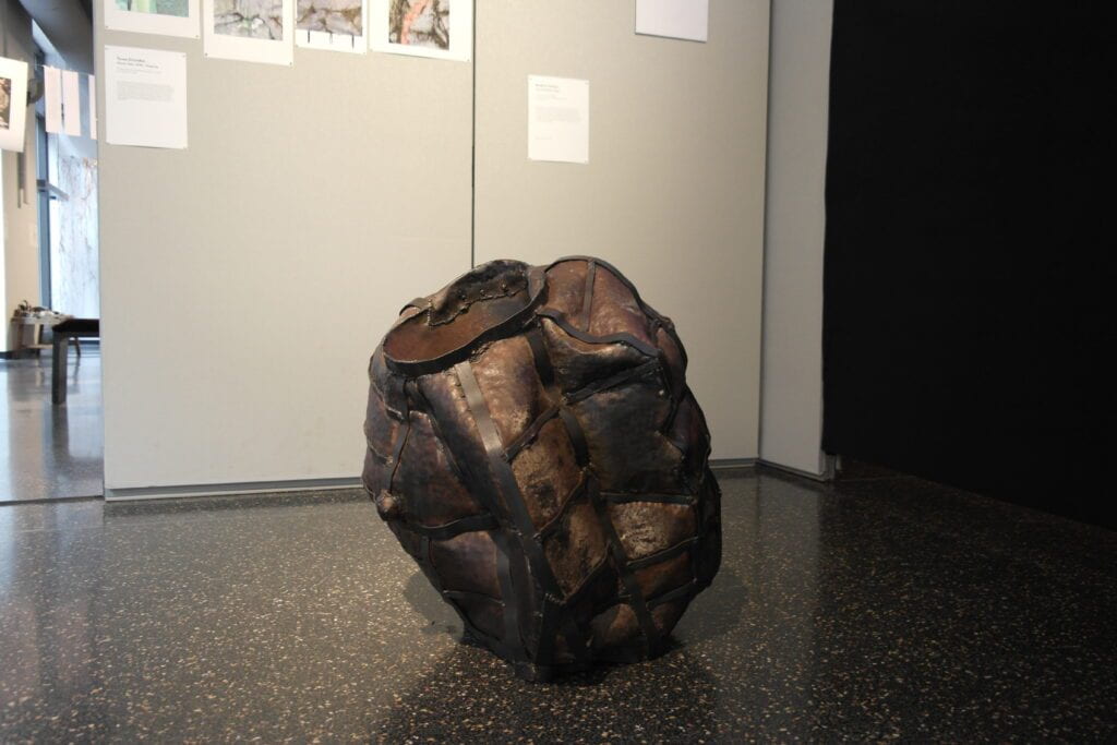 View of Glacial Erratic steel sculpture by Beatriz Cortez. 