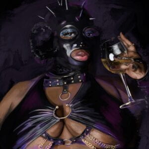 Digital painting of women in leather top and studded ski mask holding a class of wine