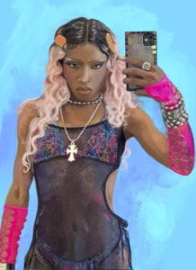 Digital painting showing a person with pink hair and colorful fishnet outfit taking a selfie with an iPhone.