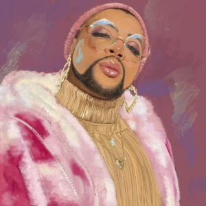 Digital painting showing a bust of a figure wearing a pink fur coat and sweater. Their face is depicted with glowing makeup and a manicured beard.