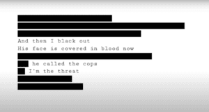 Screen shot of typed text on white screen with parts of text redacted with black bars