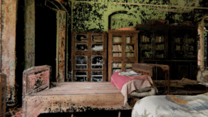 Image of room with furniture in varying degrees of decay