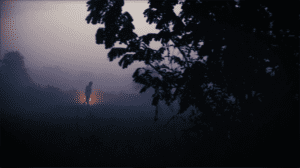 Image of person walking through foggy landscape with soft orange light