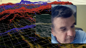 digital collage of map images layered with an image of middle aged man 