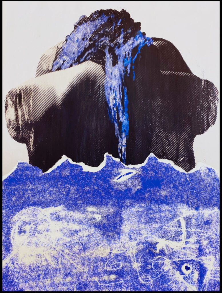 A photographic print in black and white with blue with a woman's back that looks like an abstract mountain and abstract blue that looks like the sea.