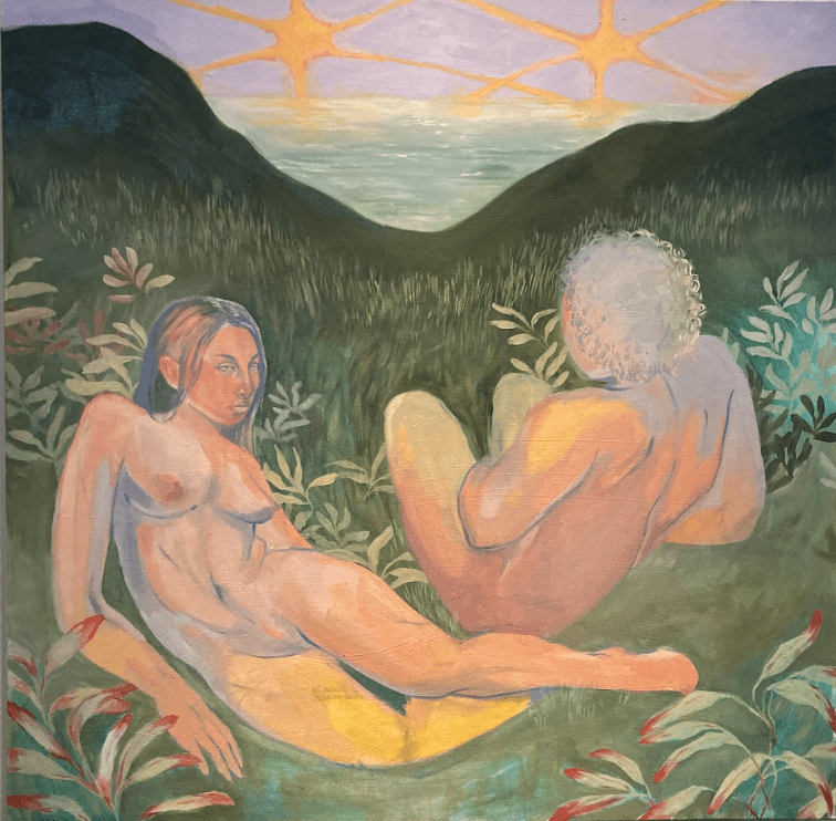 A painting of two naked tanned female figures lying on top of a green hilltop. that overlooks a water bank and the sunset.