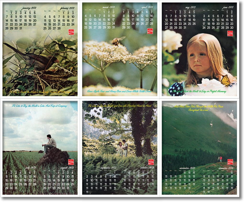 Calendar prints from 1973; bird in nest, bee pollenating, little girl with a butterfly, man in rice field, people in forest, people atop of hill in mountainous area.