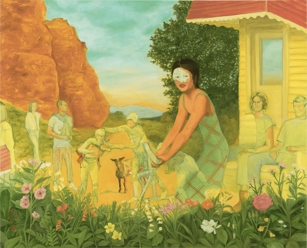 Women working in a field in the center of the painting wearing a long green dress with a red pattern. On the left are large red boulders and the right side is a small home with two figures sitting outside. There are flowers in the foreground.  