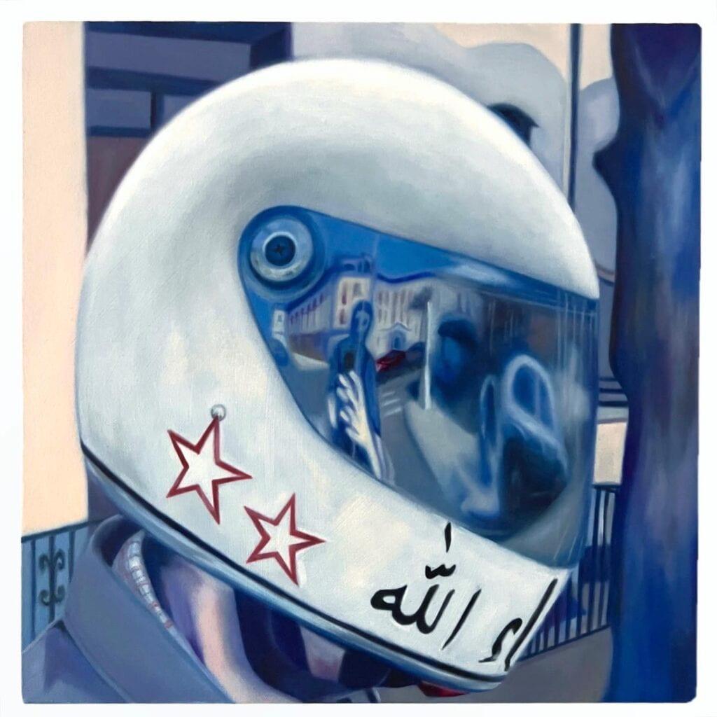 Set within a cool blue toned painting is a side profile of a motorcycle helmet with a line of Hebrew text. In the eye shield there is a reflection of a city. 