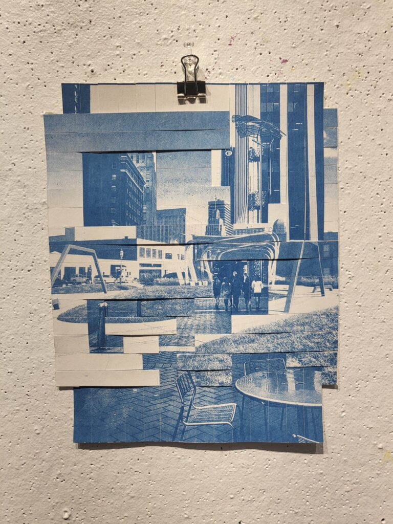 Woven Cyanotype Print composed of photographs of a North Carolina city