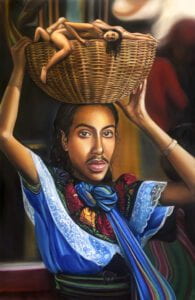 Self Portrait of Chris Cortez a Mexican painter wearing a traditional mexican dress holding a basket on their head filled with miniature nude bodies. 