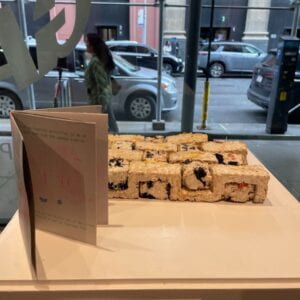 Photograph of a block of mycelium and a small opened notebook on a pedestal. 