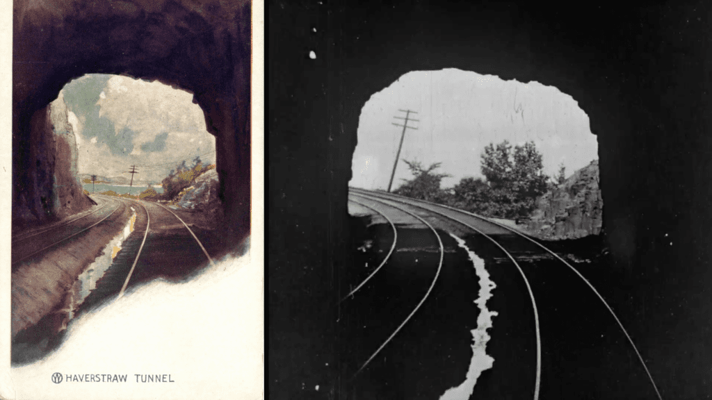 2 views of train exiting tunnel