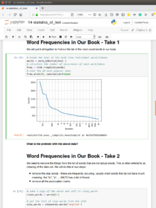 Screenshot of a Jupyter Notebook lesson in visualizing word frequencies in a text using Python.